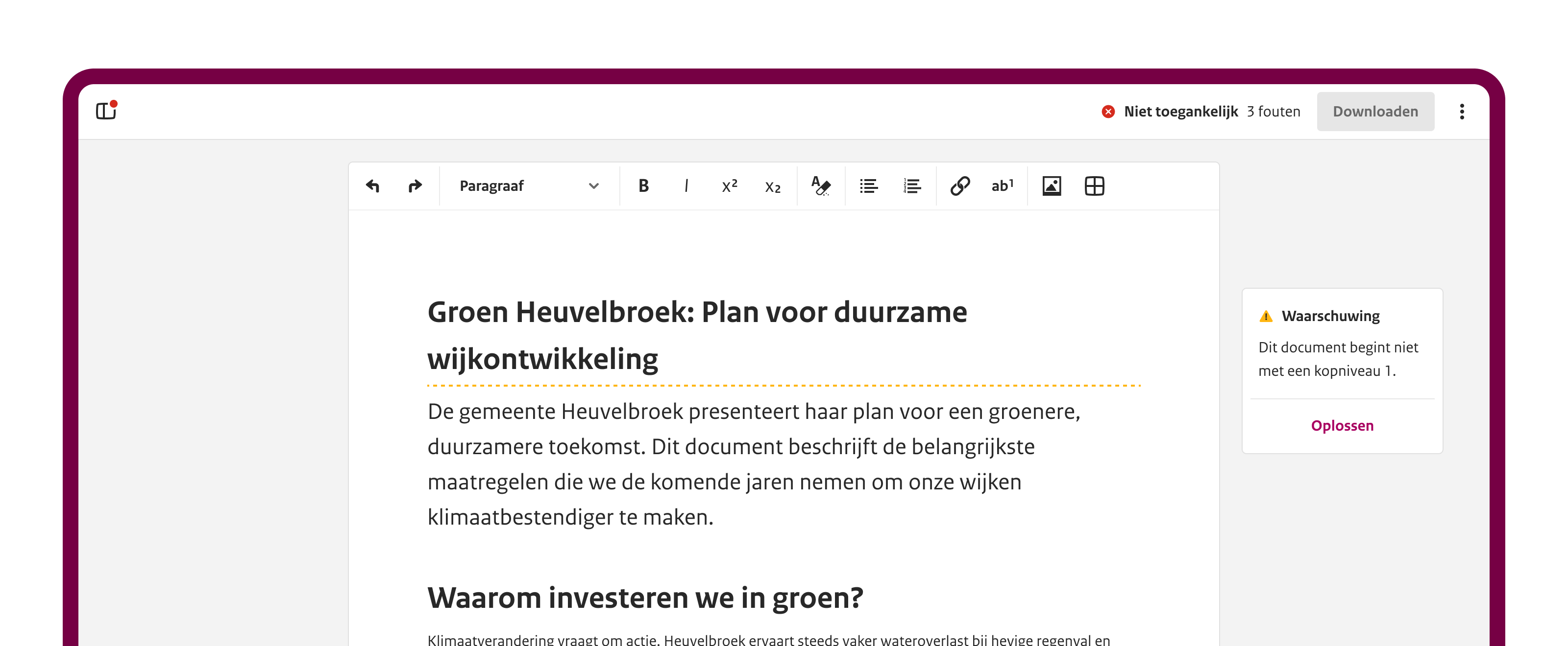 NLdoc rich text editor interface showing a document being edited with formatting toolbar and accessibility findings panel