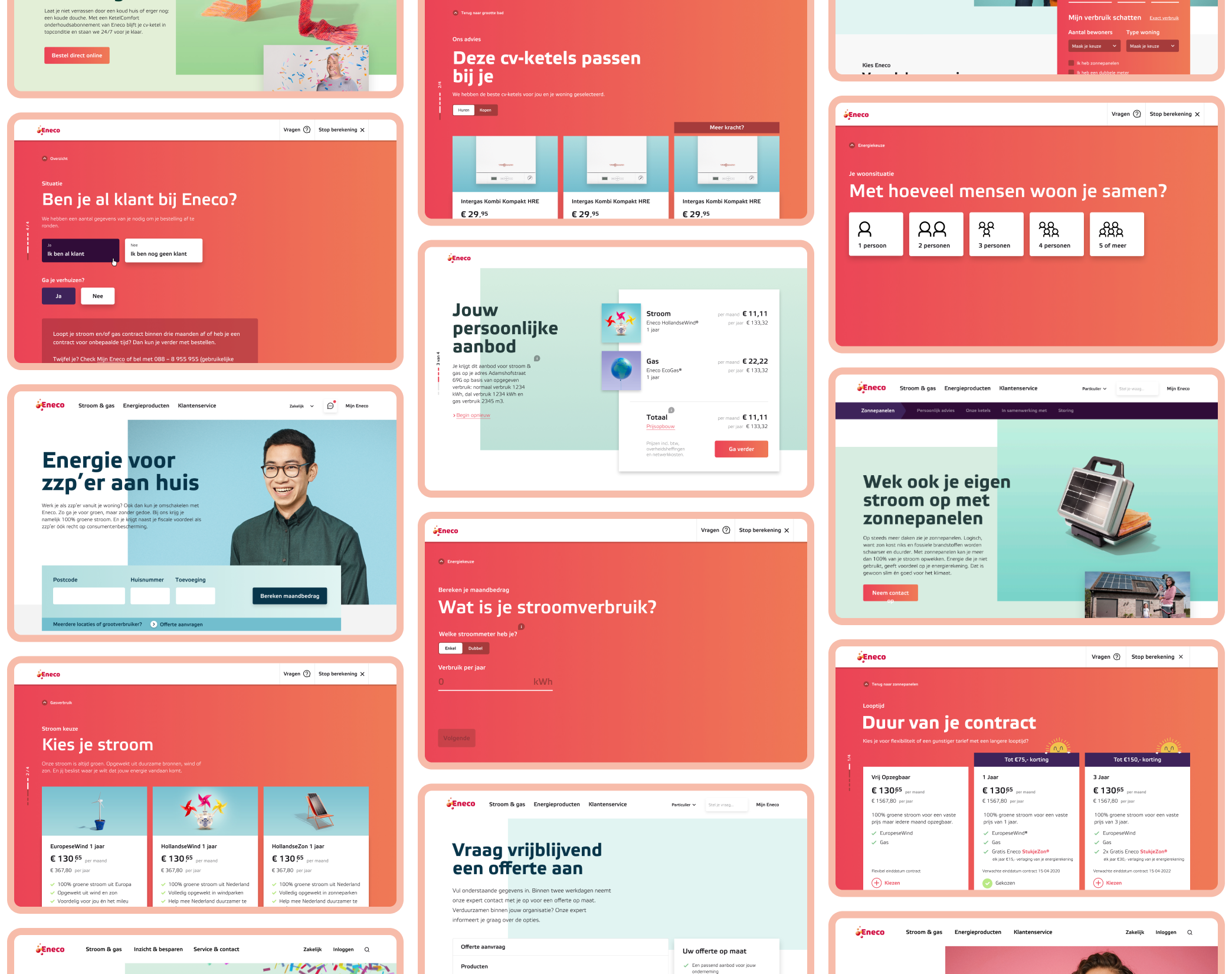 Overview of redesigned Eneco.nl pages including sales flow, product pages and campaign content