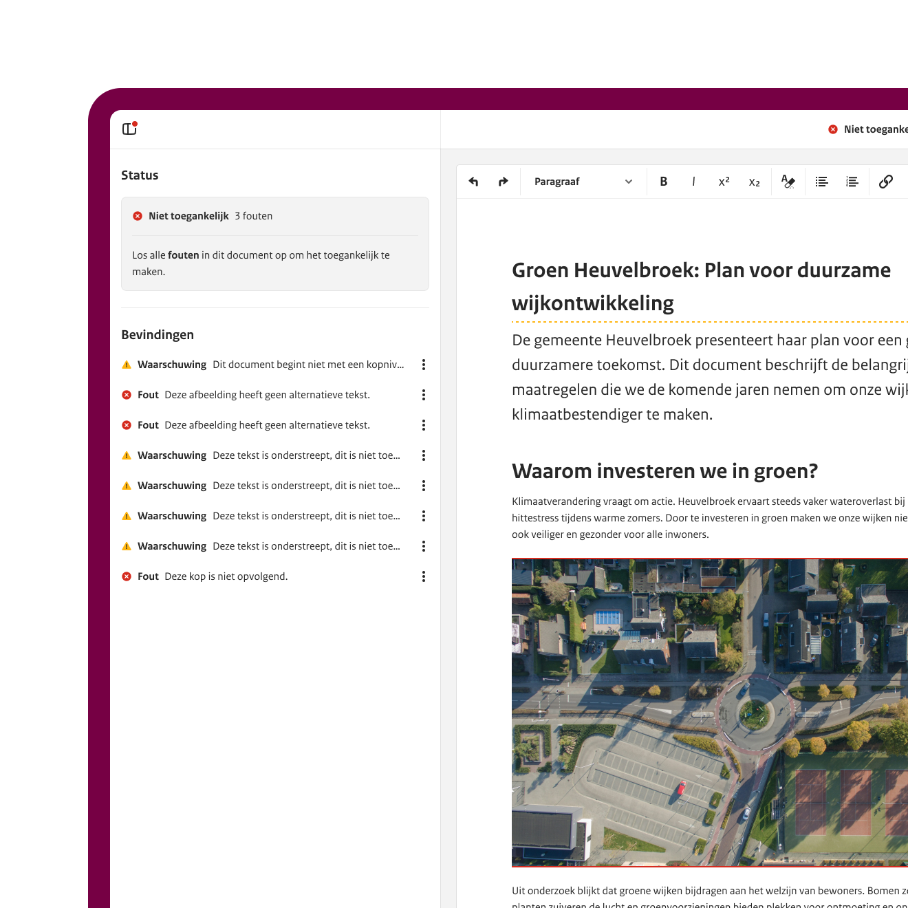 NLdoc overview sidebar showing a list of accessibility findings with status indicators and bulk action options