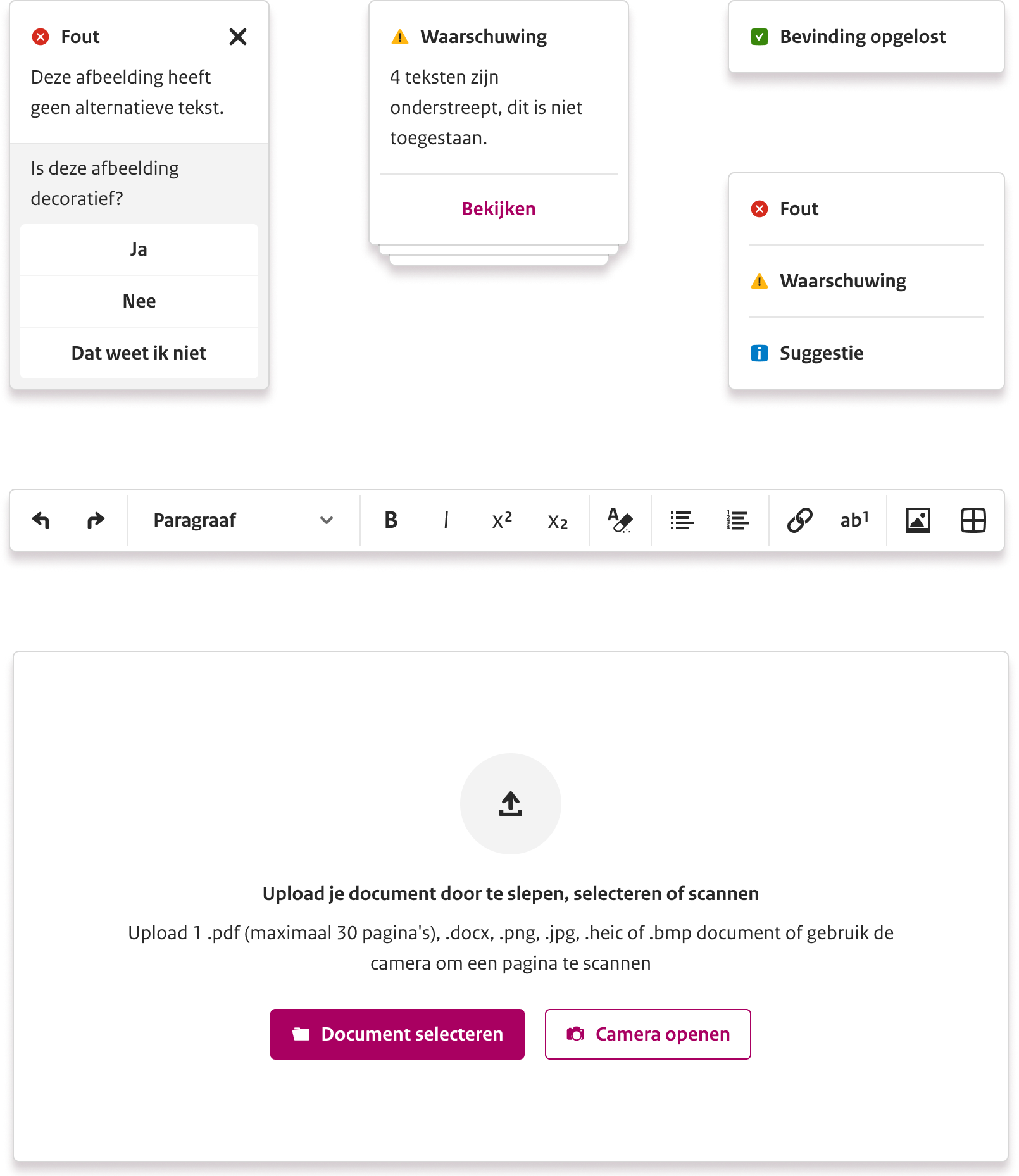 NLdoc editor interface showing document content with accessibility findings and contextual guidance