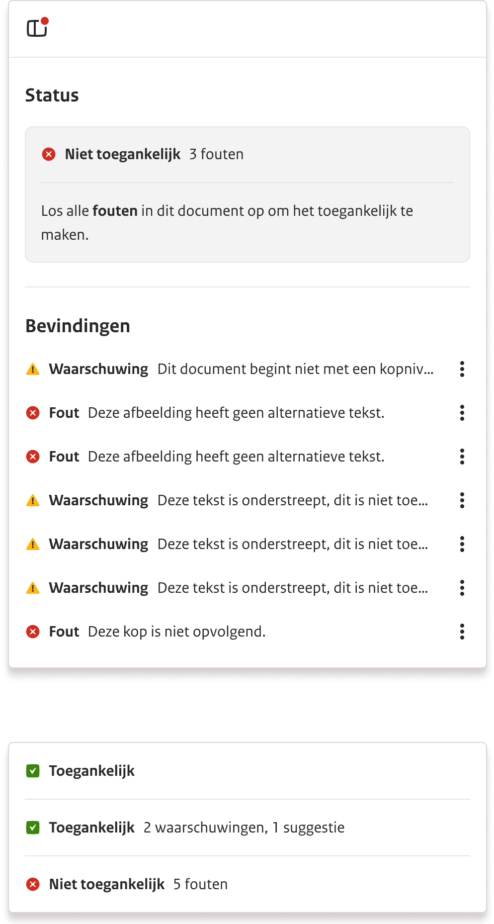 NLdoc sidebar showing document overview with accessibility status indicators